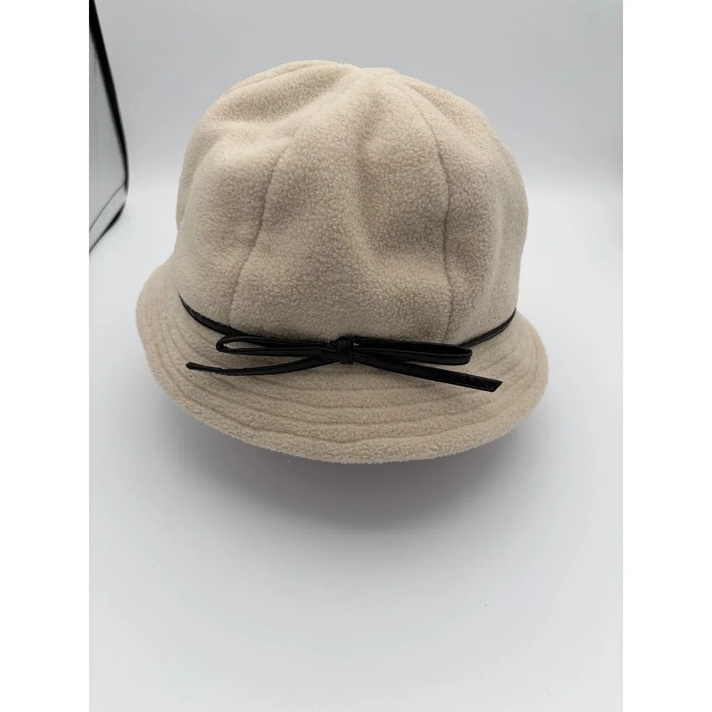 Betmar Bucket Hat Womens One Size Beige Fleece Faux Leather Bow Cloche